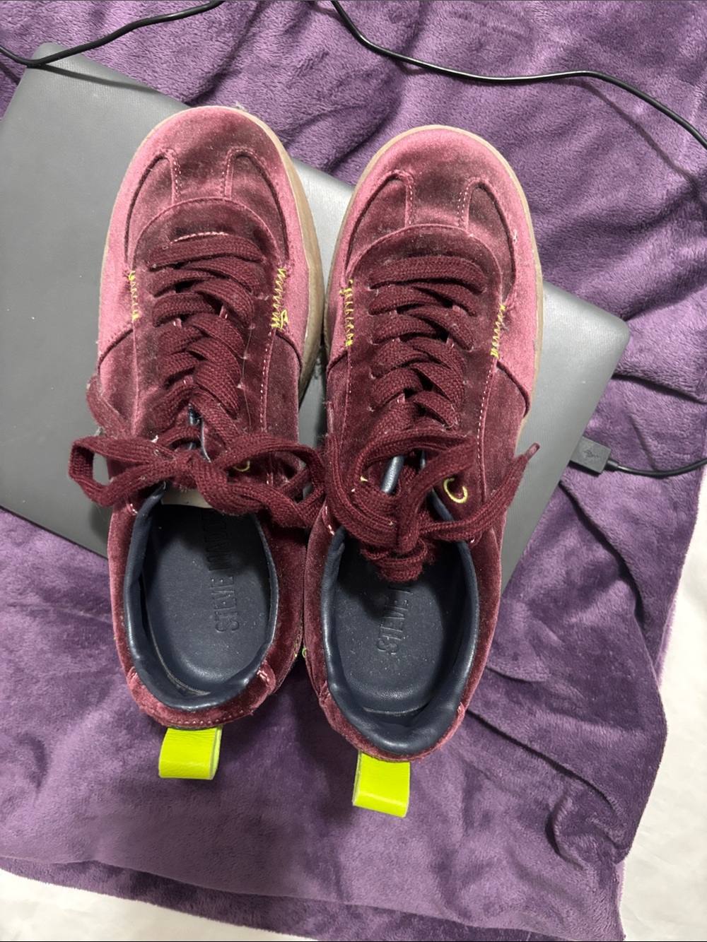 Steve Madden- Burgundy Velvet Sneakers with Neon Yellow Pull Tabs. Worn once